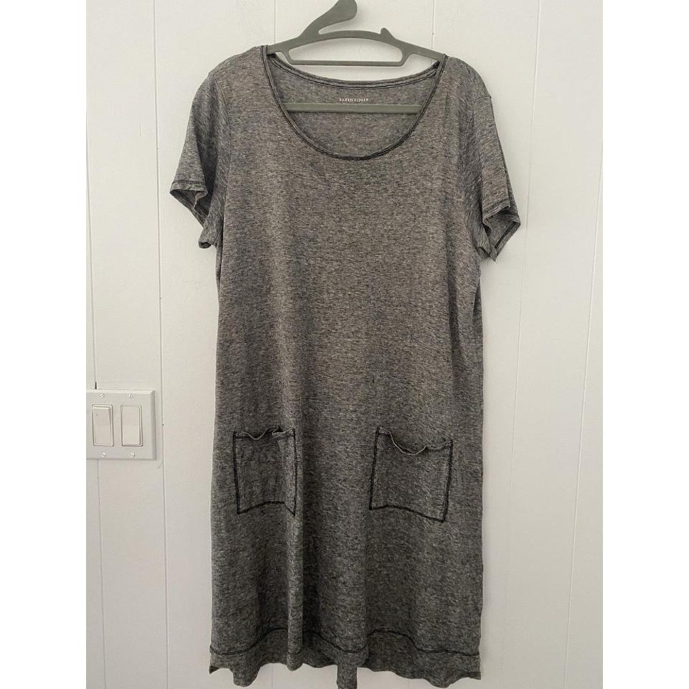 Eileen Fisher‎ Mini-Stripe Short-Sleeve Dress Black Small Cotton Hemp Pockets